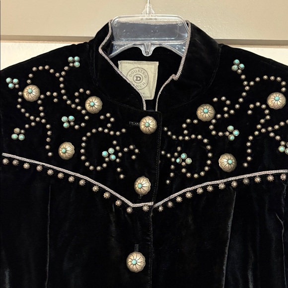 Double D Ranch Black Velvet Turquoise/Silver Encrusted Jacket SZ M EUC - Picture 2 of 5